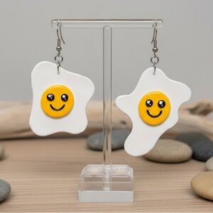 Smiley Fried Egg Dangle - Handmade Earrings - Yellow & White